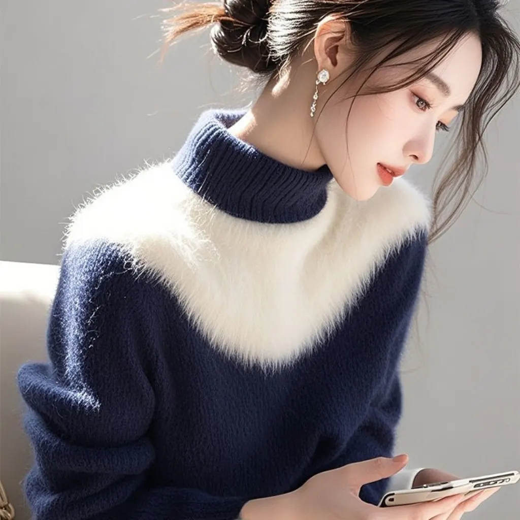 

Winter High-Class Semi-Turtleneck Sweater Blue And White Color Match Imitation Mink Velvet Top for Women Fashionable Knitwear