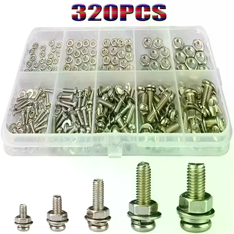 320Pcs Screws Nuts Washers Assortment Kit Rustproof Metric Hardware Set M2 M2.5 M3 M4 M5 For DIY Home Repair Industrial Use