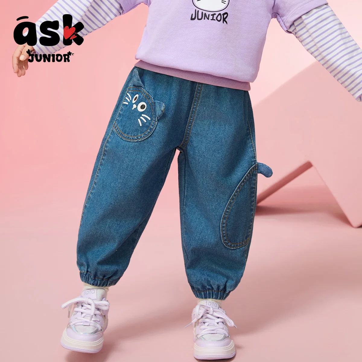 اسأل جونيور [آذان القط ثلاثية الأبعاد] سراويل أطفال ربيعية للفتيات جينز مغسول بناطيل ضيقة للأطفال