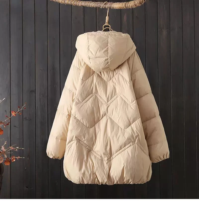 Schinteon Women White Down Jacket with Hood Solid Color Loose Casual Warm Autumn Winter A-lined Outwear Parka Coat 2026 New
