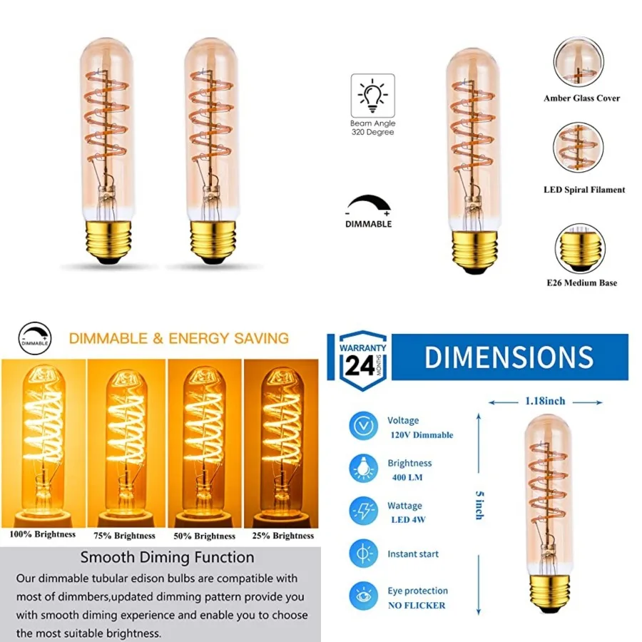 

T10 LED Bulbs 40 Watt Equivalent 4W Dimmable Edison Tubular Light Bulb E26 Medium Base 2700K Warm White, T10 Vintage Amber Glas