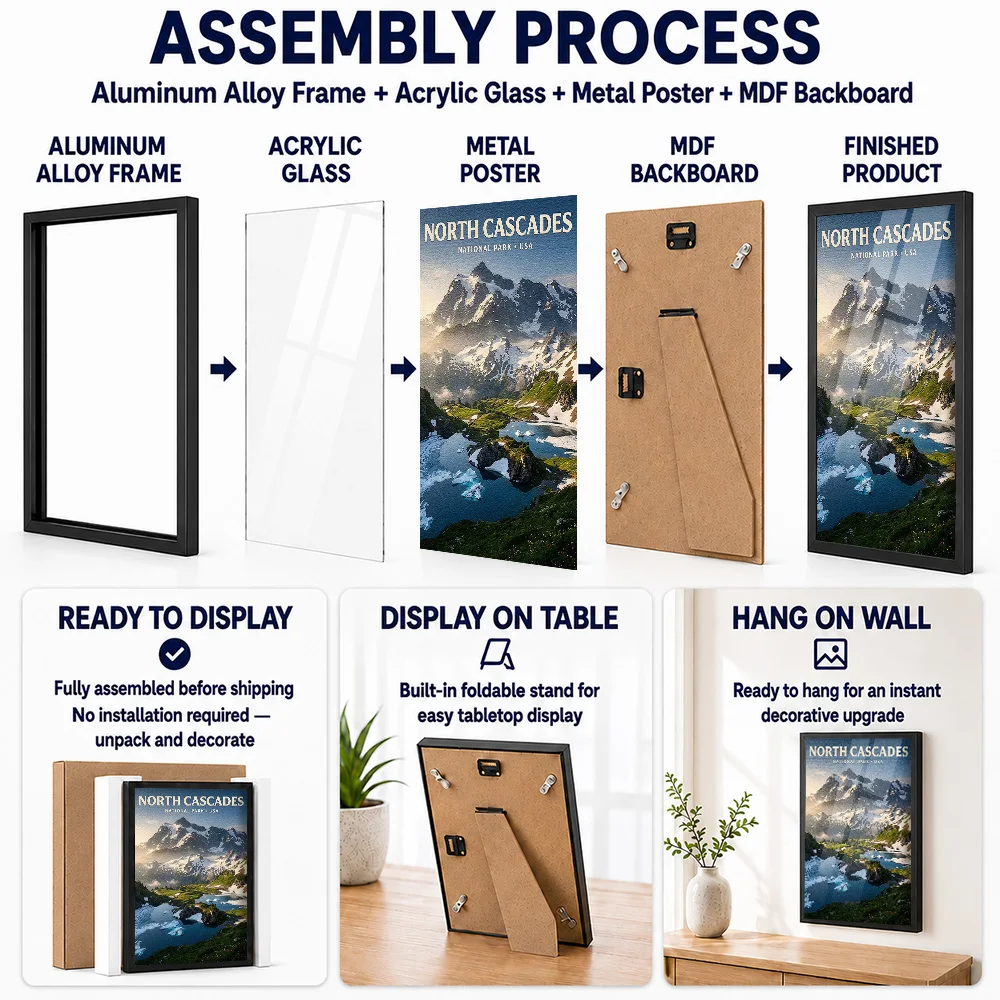 North Cascades National Park Framed Metal Print Customized Photo Modern Getaway Style Wall Art For Lounge Unique Traveler Gift