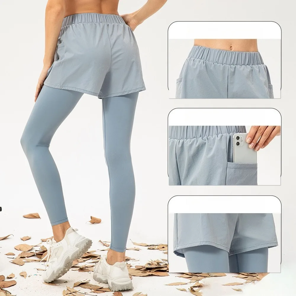 Women Fake Two Piece Yoga Pants High Waist Loose Long Pants with Pockets Breathable Running Fitness Sports Trousers