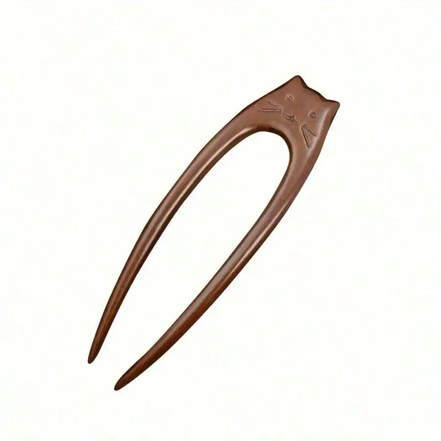 

Wooden Cat-Face Forked Hair Pin for Women and Children