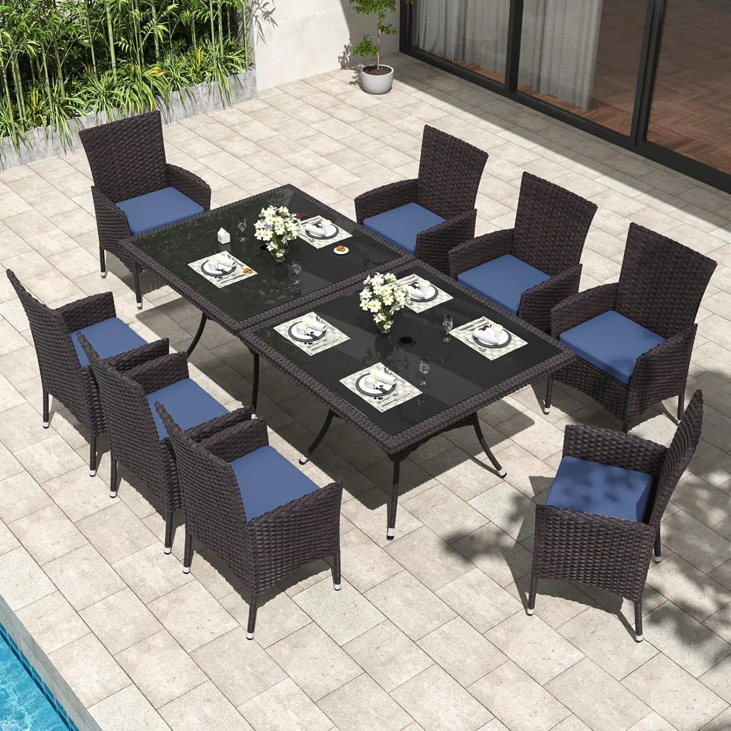 Wicker Patio Dining Set 10-Piece Glass Table & Chairs Removable Cushions Umbrella Hole for Backyard Garden, Customized