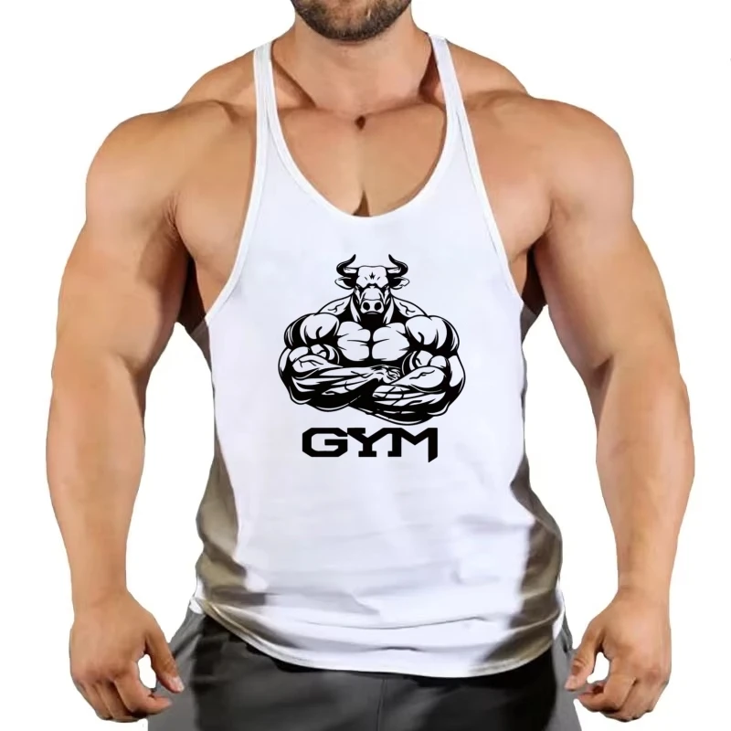 

Мужской хлопковый жилет-стрингер с принтом «Bull Muscle & GYM» — майка без рукавов для фитнеса, тренажерного зала и бега, одежда для тренировок мышц