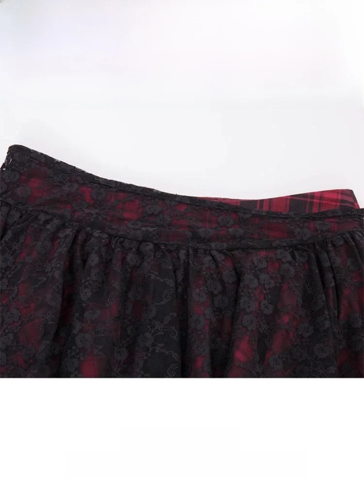 Y2K 밀레니엄 스파이시 걸 체크 레이스 스커트 여성 여름 디자인 비대칭 튤 스커트 하이웨이스트 A라인