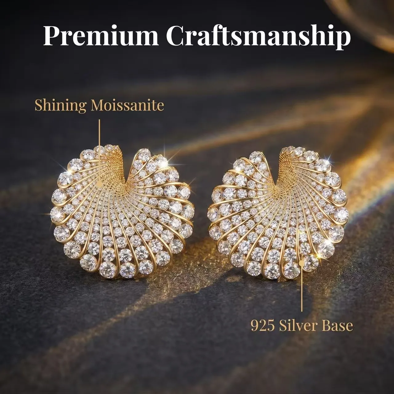925 Sterling Silver Full Pave Moissanite Shell Shaped Earrings Gold Base Sparkly Jewelry for Women Hypoallergenic Women Jewelry