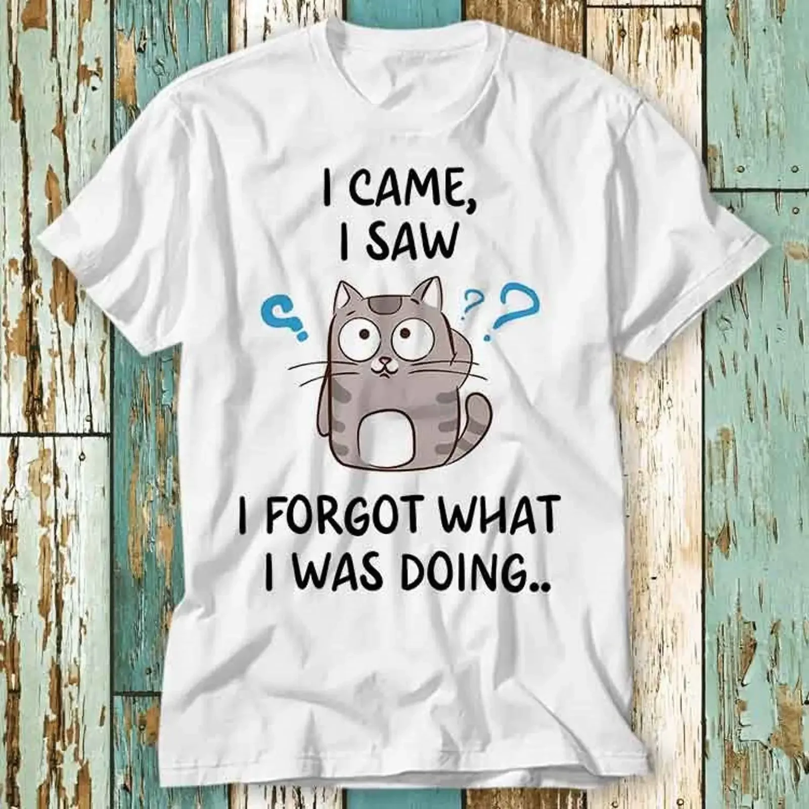 I Came Saw Forgot What Was Doing Funny Confused Cat T Shirt Casual Slogan for  vintage Washed streetwear Unisex fashion