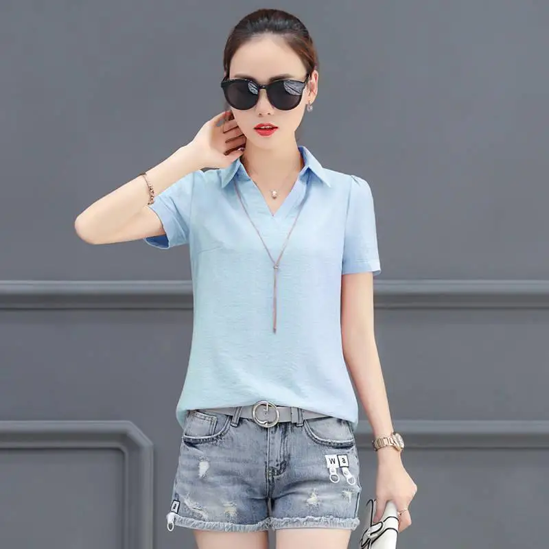 Summer Short Sleeve All-match Office Shirt Tops Basic Solid Simplicity Polo Neck Office T Shirts Casual Fashion Women Clothing