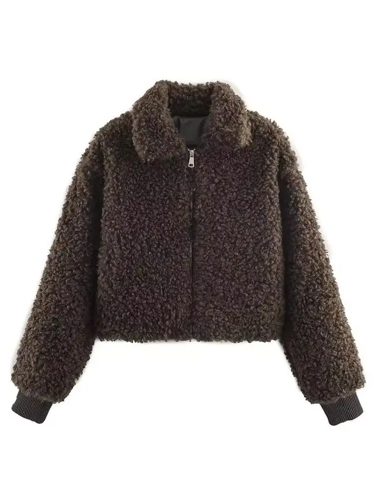 HH mujer nuevo invierno solapa cremallera manga larga chaquetas de lana sintética mujer suelta ocio moda calle estilo Chaqueta corta