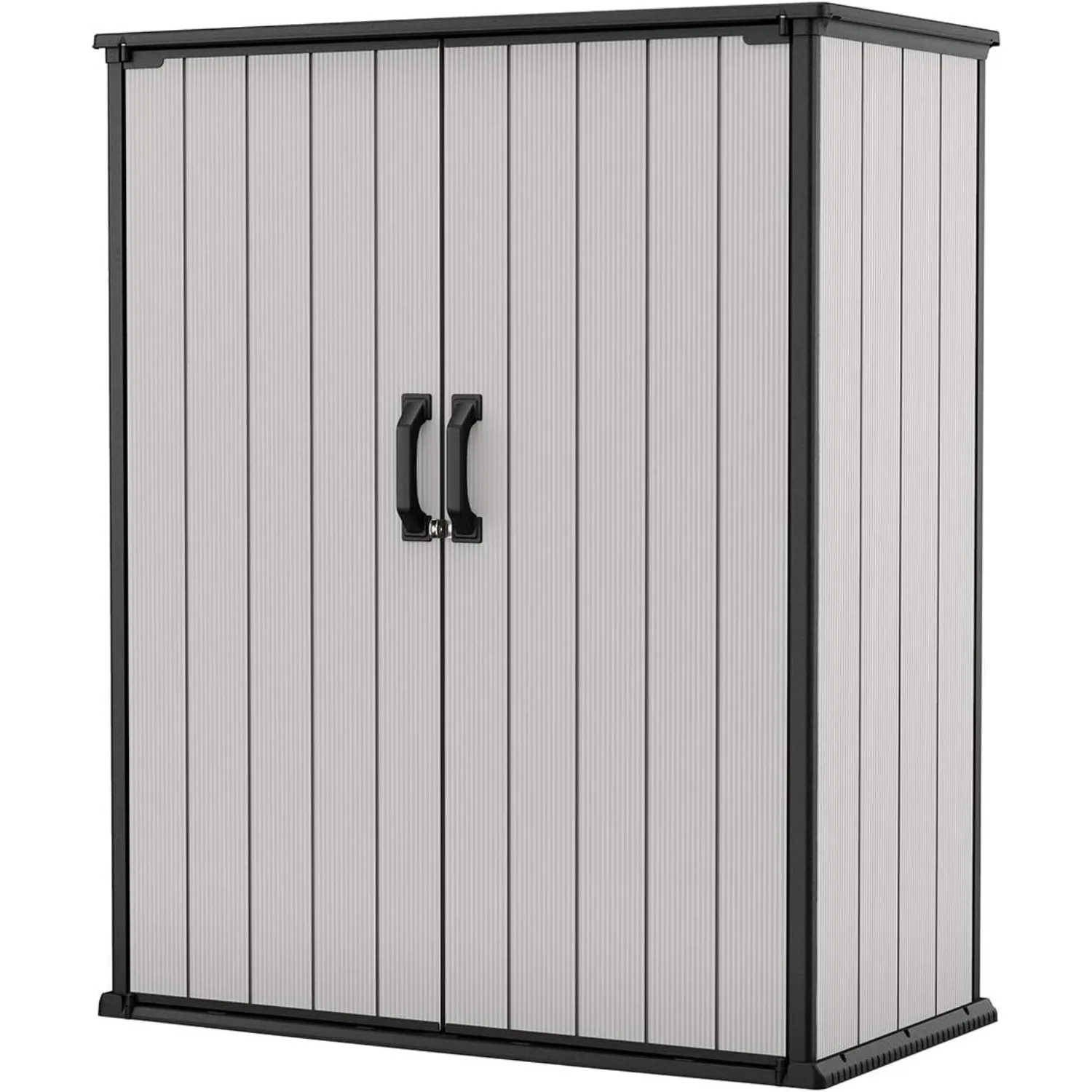 

Premier Tall 4.6 x 5.6 ft. Resin Outdoor Storage Shed with Shelving Brackets for Patio Furniture Pool Accessories & Bikes