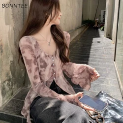 V-neck Tie Dye Blouses Women Flare Sleeve Vintage Sun-protection Ruffles Chiffon Korean Fashion Chic Streetwear Spicy Girls BF