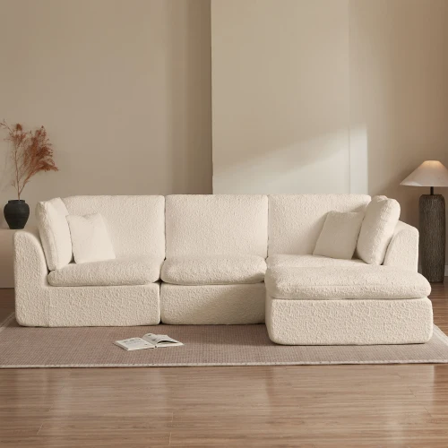

# Living Room Apartment Convertible L-Shaped Modular 3 Seater Modern Chenille Sofa Warm White