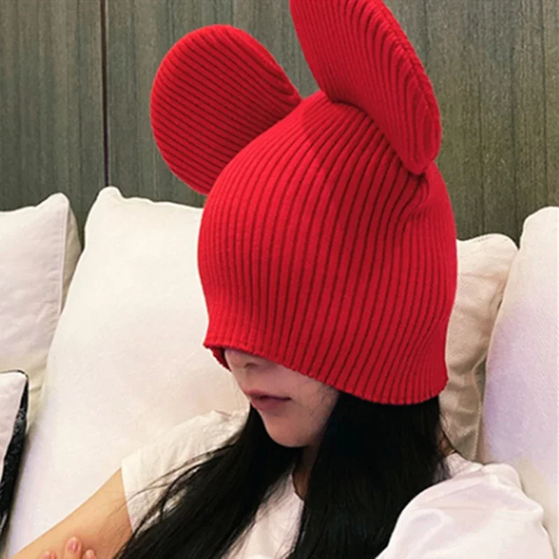 Cute Disney Big Ears Mickey Mouse Warm Bonnet Hats Women Cartoon Minnie Knitted Cap Girl Fashion Kids Casual Adult Children Gift