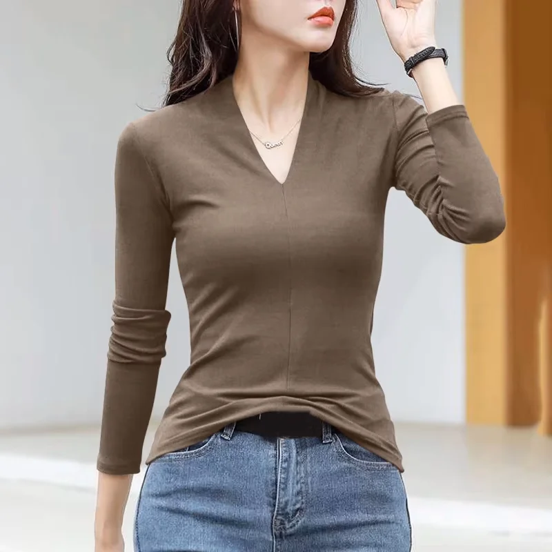 1 pçs feminino outono inverno manga comprida camiseta senhora roupa interior térmica grosso veludo fino ajuste moda novo estilo com decote em v topo