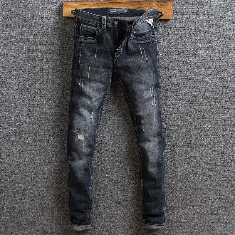 Estilo italiano moda masculina jeans retro preto azul elástico fino ajuste desgastado rasgado calças de brim do desenhista do vintage calças de brim hombre