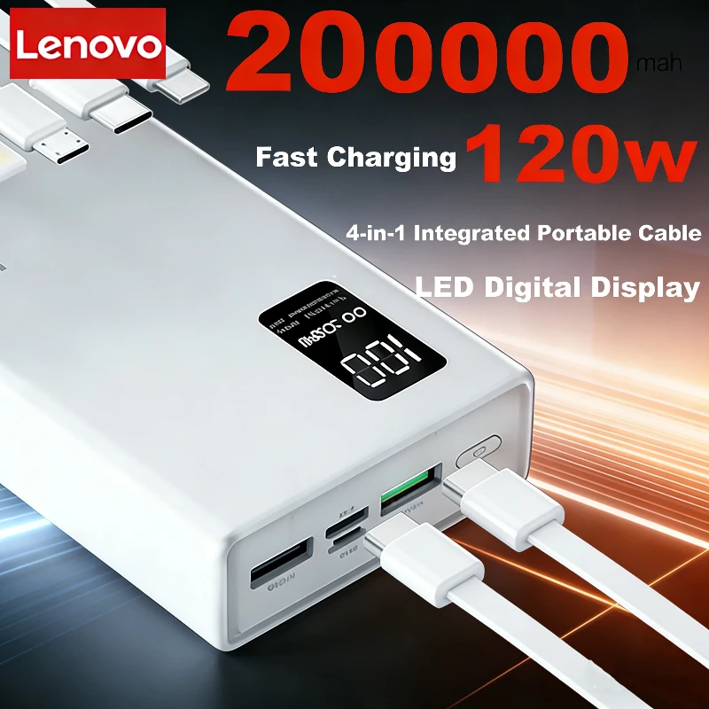 

Высокоемкостный PowerBank Lenovo 120 Вт, 200000 мАч, с портативными кабелями 4-в-1 для быстрой зарядки, портативное зарядное устройство для iPhone и Samsung