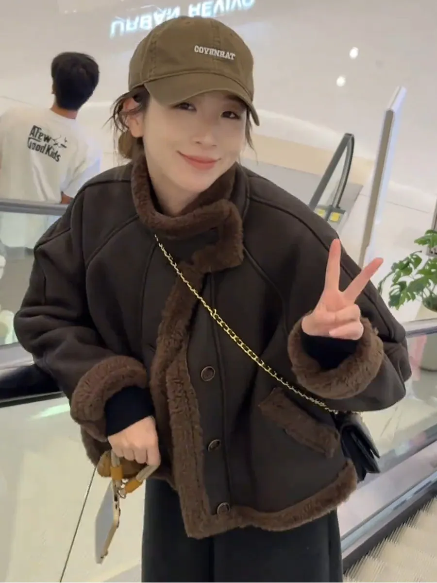

Korean Style Short Biker Jacket Women's Thickened Stand Collar Fur Leather Integrated Autumn Winter New Fashion Warm Top
