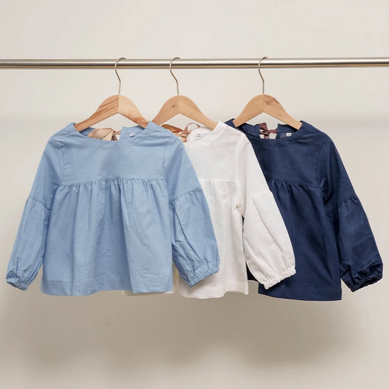 Retro Cotton Linen Girls Long-Sleeved T-shirt 2026 Autumn New Cute Ribbon Bow Back Tie Loose Baby Girl Doll Shirts Blouse