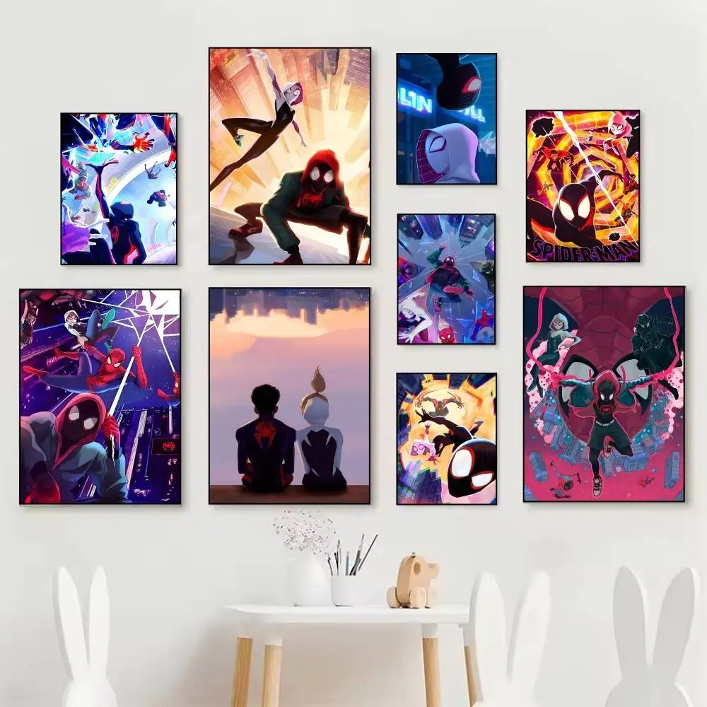 Anime Movie S-Spider-M-Man Cartoon Across the S-Spider-Verse Posters Self Adhesive Waterproof Ideal For Living Room Bedroom Bar