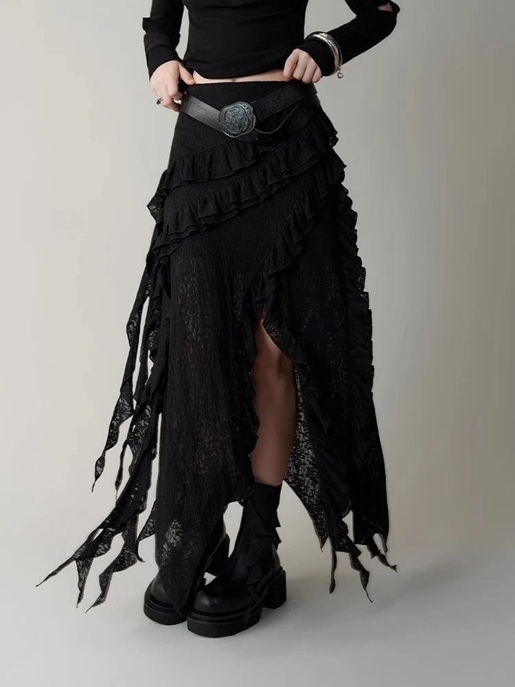 

Deeptown Gothic Black Y2k Skirts Women Gyaru 2000s Lace Irregular Long White Skirt Streetwear Irregular Ruffle Skirts Aesthetic
