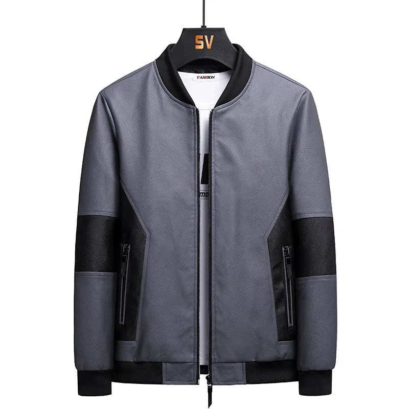 M-8xl Plus Size Pu Jacket Contrast Color Men Casual Pu Leather Jacket Male Solid Color Fashion Streetwear Motorcycle Jacket Coat