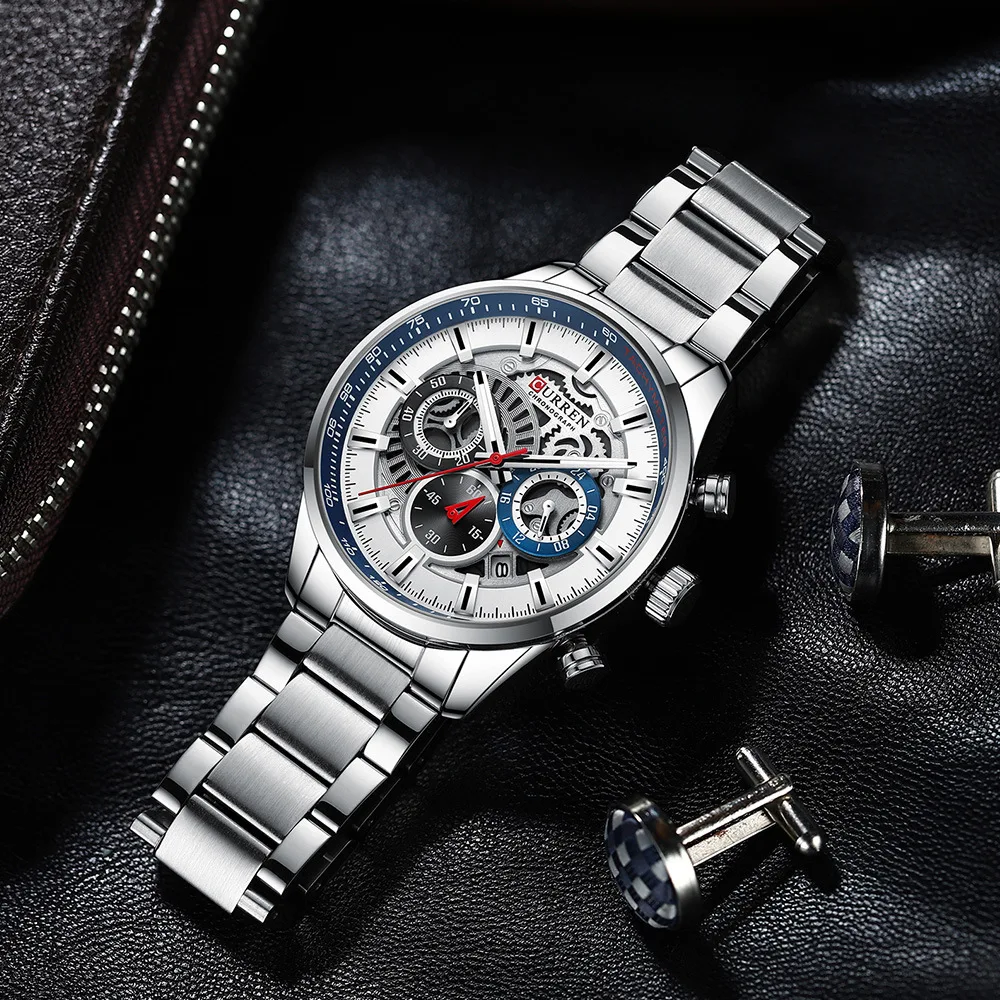 CURREN 8391 Men's Watch Quartz Strip Clock Calendar Chronograph six-hand quartz watch waterproof large dial business wristwatch
