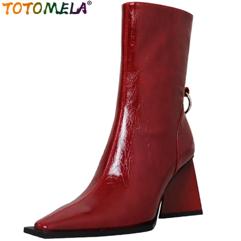 

TOTOMELA 2022 New Ladies Modern Ankle Boots Patent Leather Women Boots Zipper Retro Strange Style High Heels Shoes