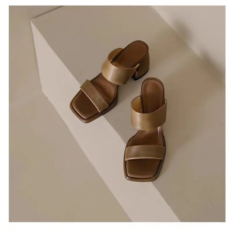 2024 Summer Sandals Women Open Toe Chunky Heel Women Sandals Narrow Band Shoes High Heel Sandals Split Leather Shoes for Women