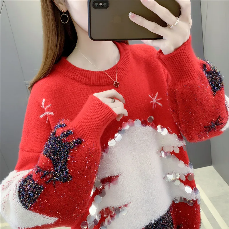 Winter Christmas Sweater Knit Coats Women\'s Sweater Pullover Couple Outfit Korean Fashion Loose Sequins Jacquard New