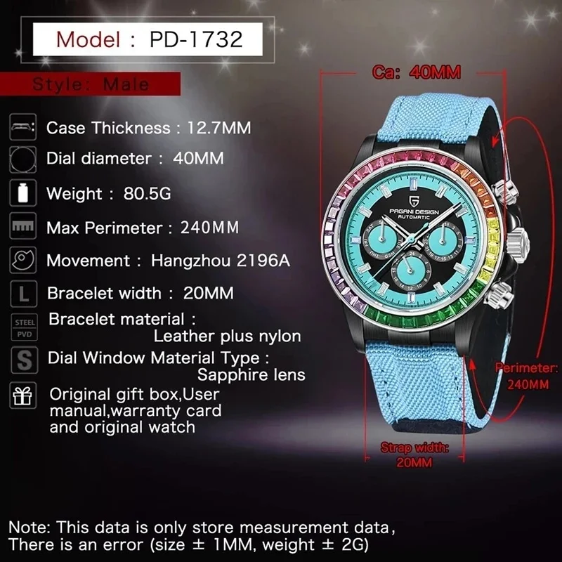 PAGANI DESIGNPD-1732 Rainbow Bezel Chronograph Sapphire Luxury Automatic Mechanical Watches Men's Stainless Steel Waterproof