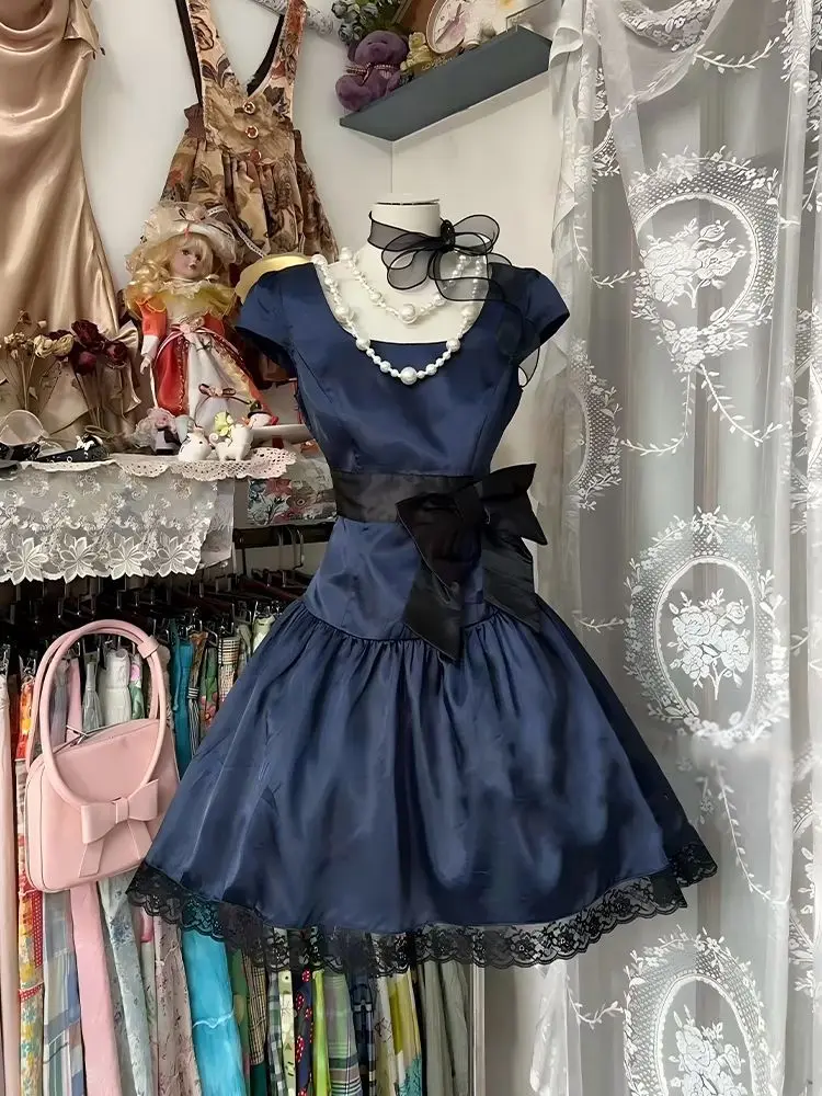 

France Vintage Square Neck Bow Dress Women Summer Elegant Pretty Lace A-line Slim Dresses Design Chic Skinny New Ball Gown 2025