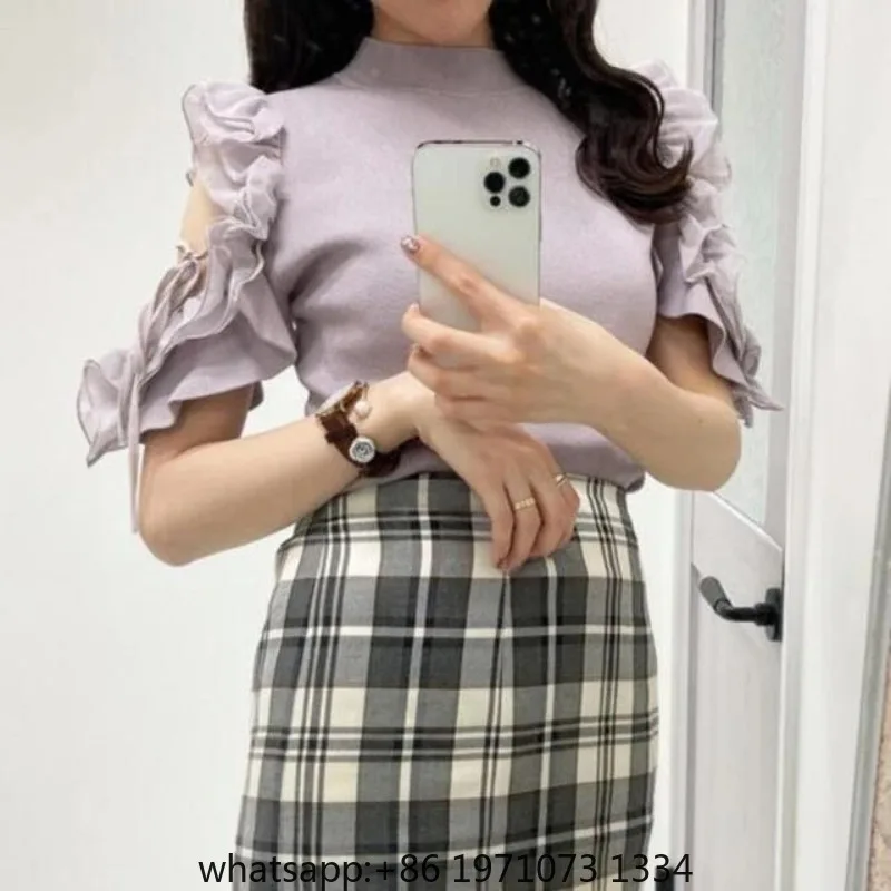 Japanese Off Shoulder Ruffle Edge Slim Short Sleeve Tshirt Women Sweet Elegant Knitted T Shirt Girl Commuting Short White Top