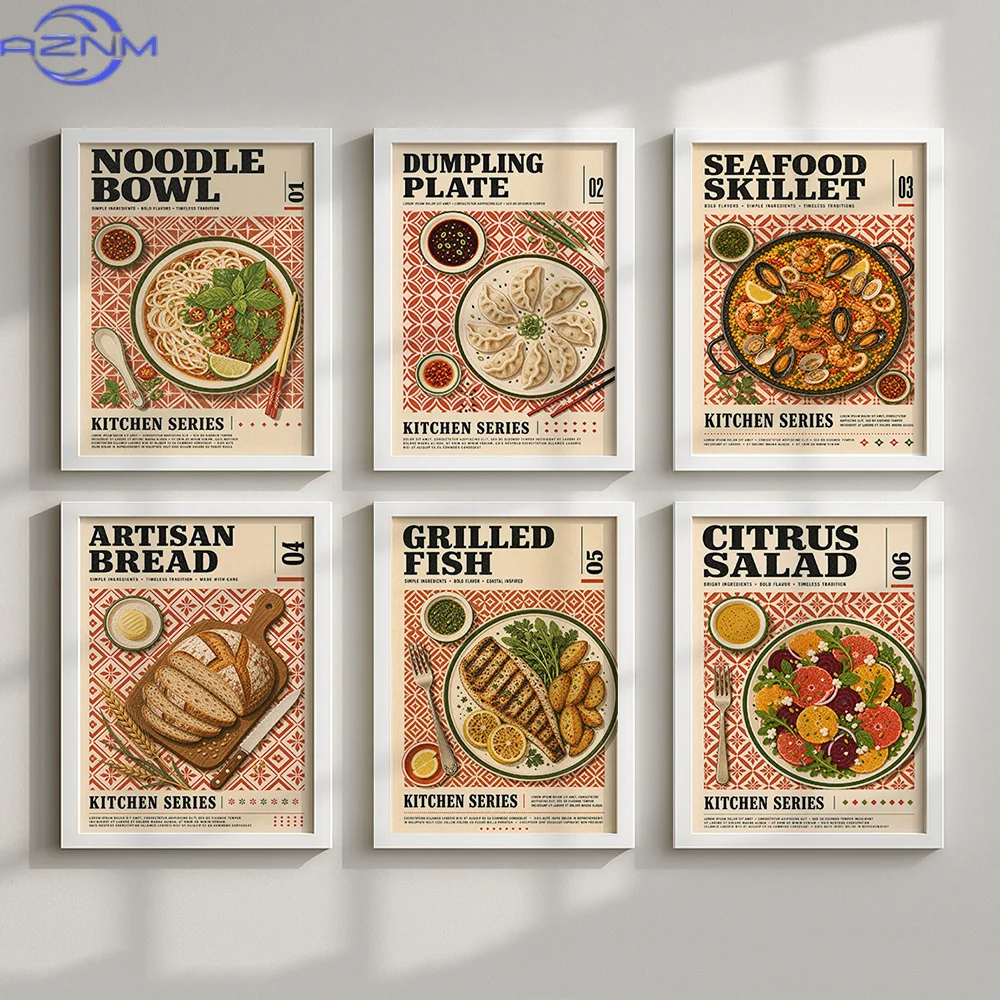 Set of 6 Vintage Kitchen Food Canvas Wall Art Prints Unframed Noodle Bowl Dumpling Plate Seafood Skillet Artisan Bread Grilled