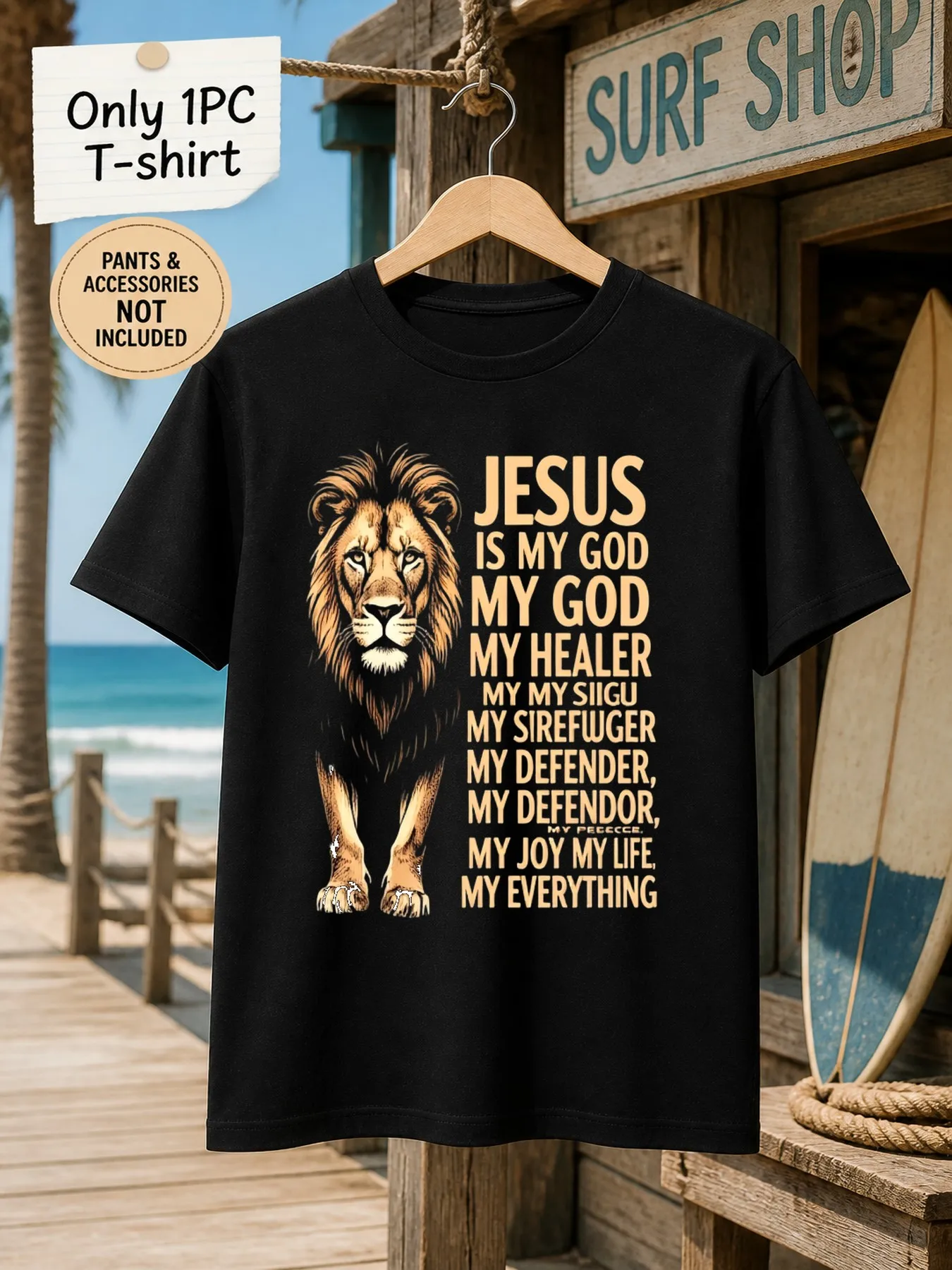 1pc Mens Graphic T Shirt Jesus Is My God Healer Defender Joy Life Everything Lion Print Short Sleeve Crew Neck[solely 1pc T-SHIRT]