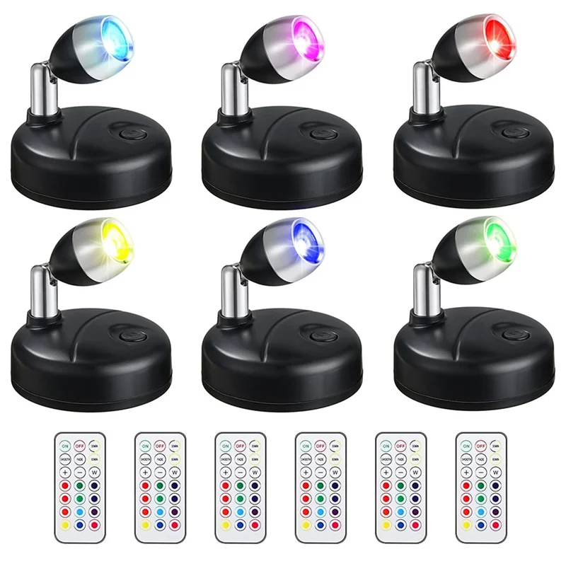 6 Pcs RGB LED Spotlight with Remote, 13 Color Spotlight, Battery Operated Accent Lights for Hallway Artwork Closet Black