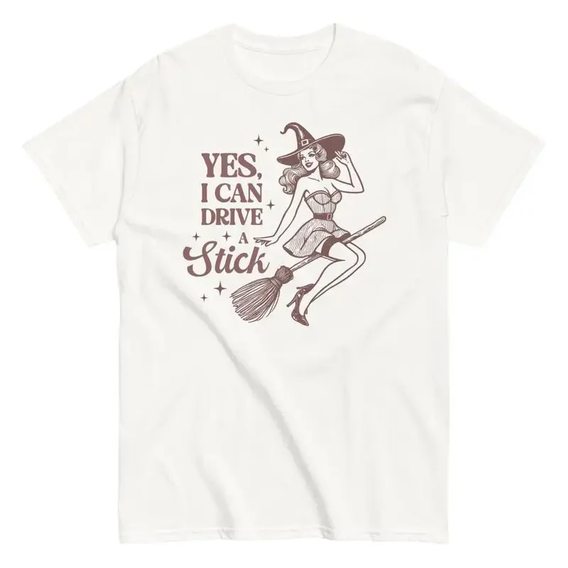 Retro Halloween I Can Drive A Stick Vintage Witch Cotton T Shirt