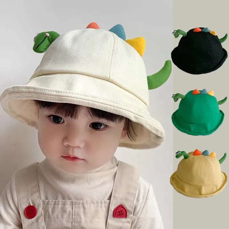 Sombreros de cubo de dinosaurio de dibujos animados coreanos para niños, gorros de pescador, Protector solar al aire libre, turbante para niños,