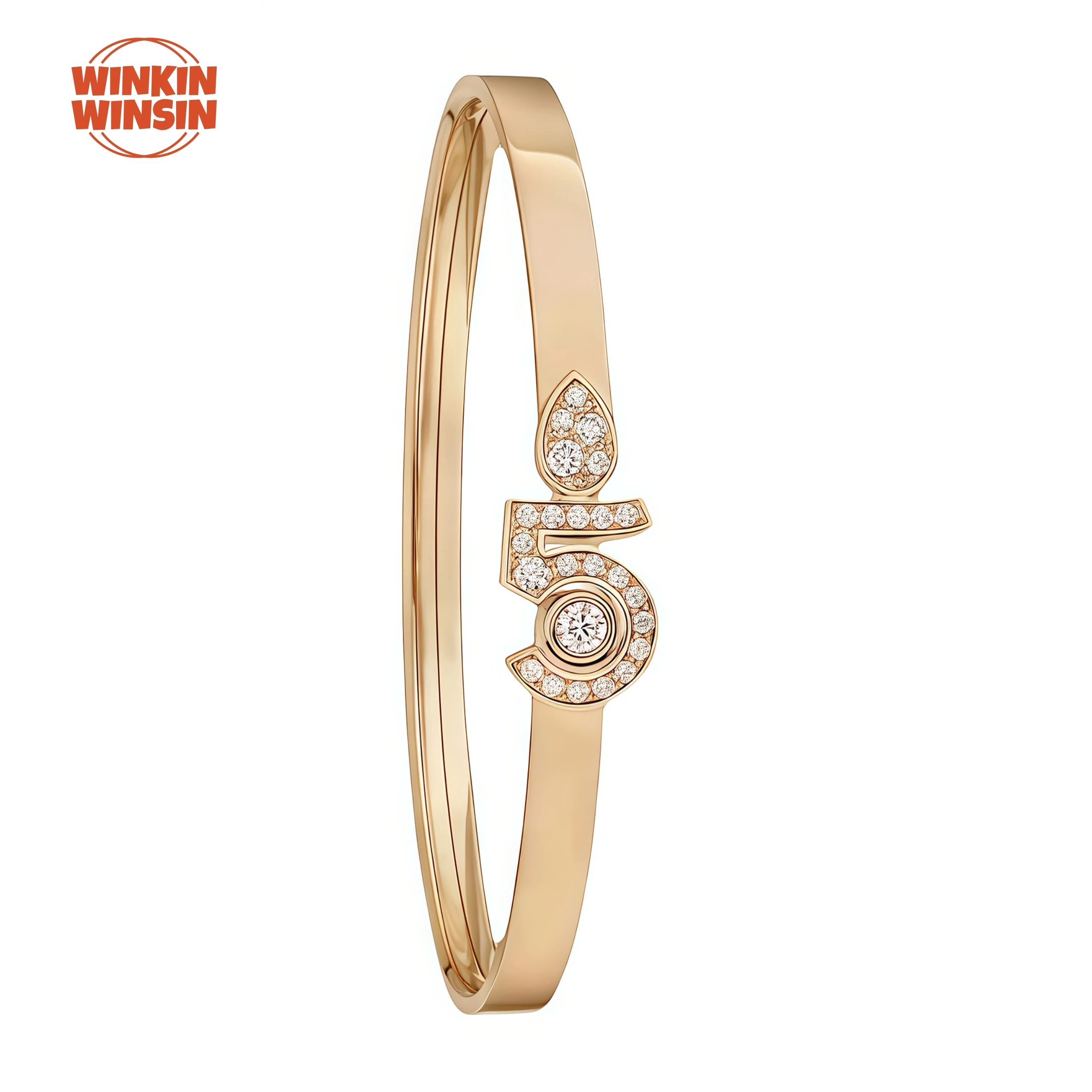 

Winkin Winsin S 925 Sterling Silver Bangle 5-Character Waterdrop Diamond Smooth Bracelet Champagne Gold Bracelet Jewelry