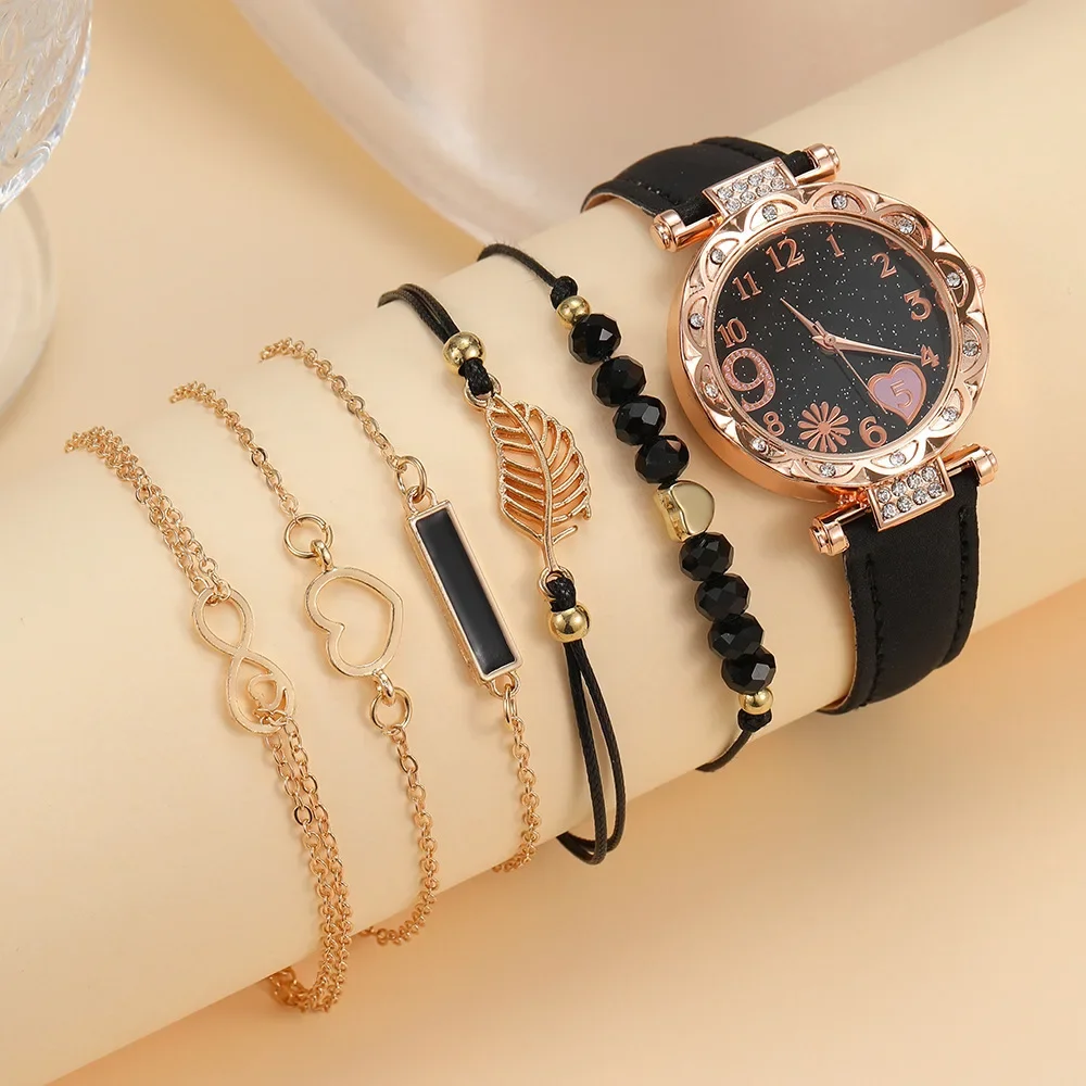 5PCS Set Watch for Women Luxury Leather Analog Ladies Quartz Wrist Watch Fashion Bracelet Watch Set Female Relogio Feminino