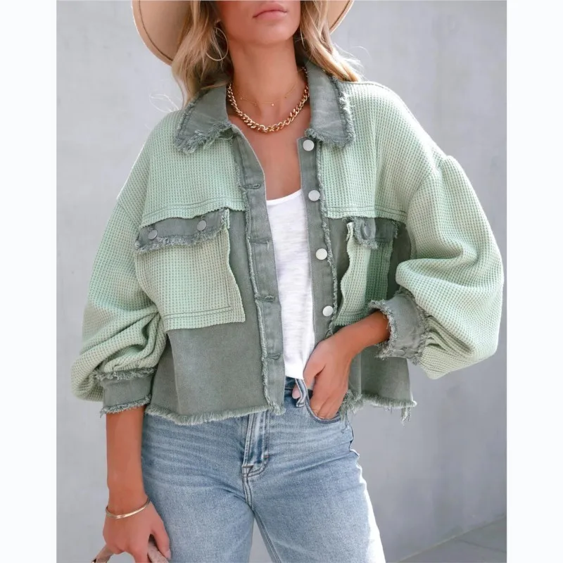 

Vintage Short Jacket Women Autumn Winter Long Sleeve Patchwork Coat Female Fashion Casual Outwear Ladies Retro Loose Jackets