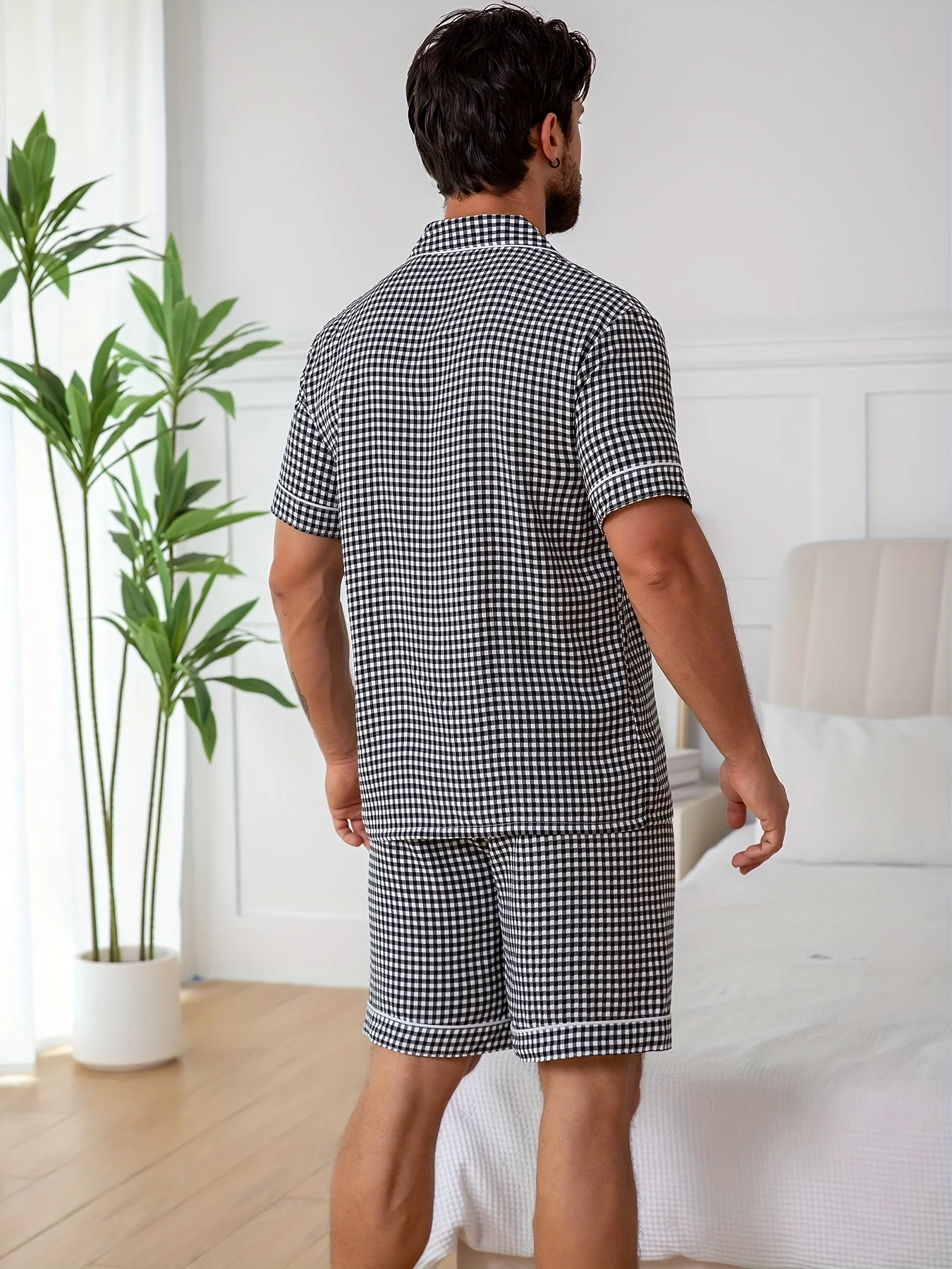 Men's Gingham Bubble Crepe Pajama Set, Button-Down Shirt & Elastic Waist Shorts, Comfortable Casual Loungewear Set Men Pajamas