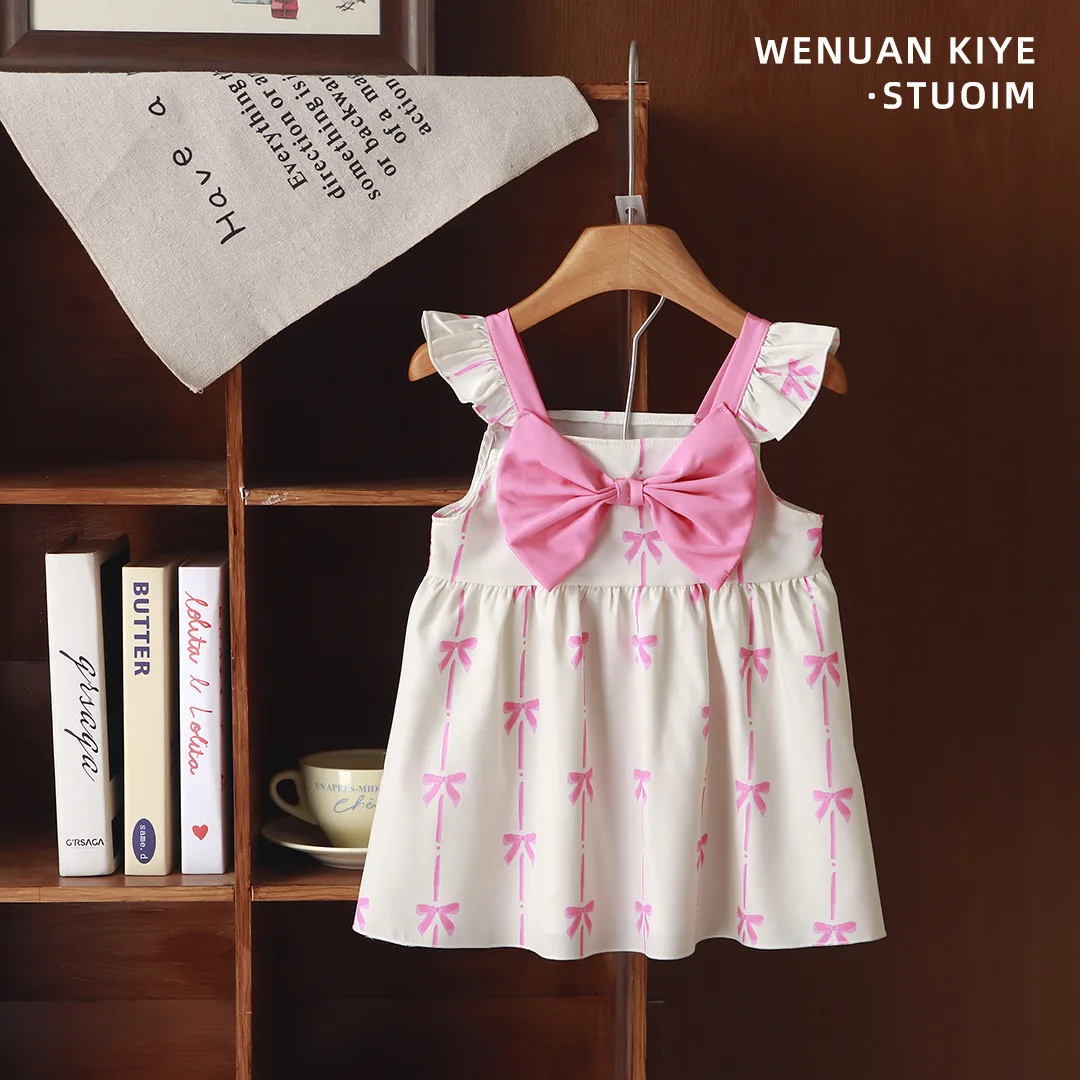 Girls Summer Ruffle Sleeve Sweet Print Princess Dress 3 Colors With Bow Sling Skirt Casual Holiday Beach Daily Outfit