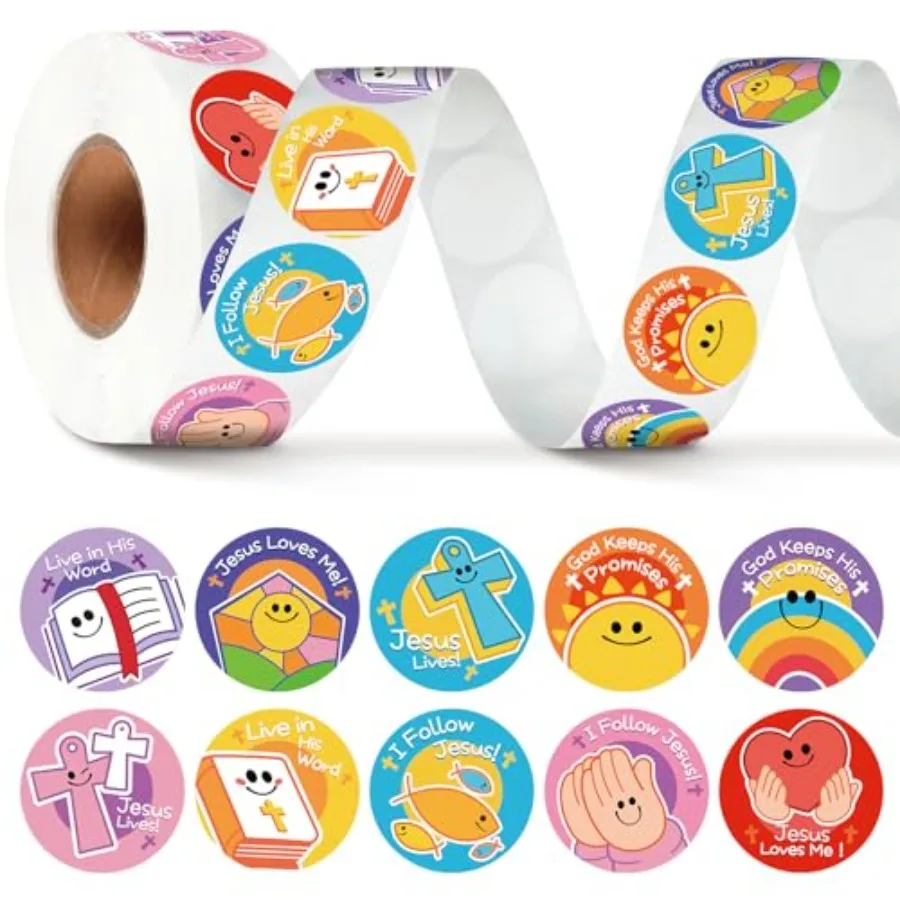 1000 Pcs Religious Stickers for Christian Symbols Labels Roll Smile Assorted Jesus Christian Bible Heart Stickers for Religious