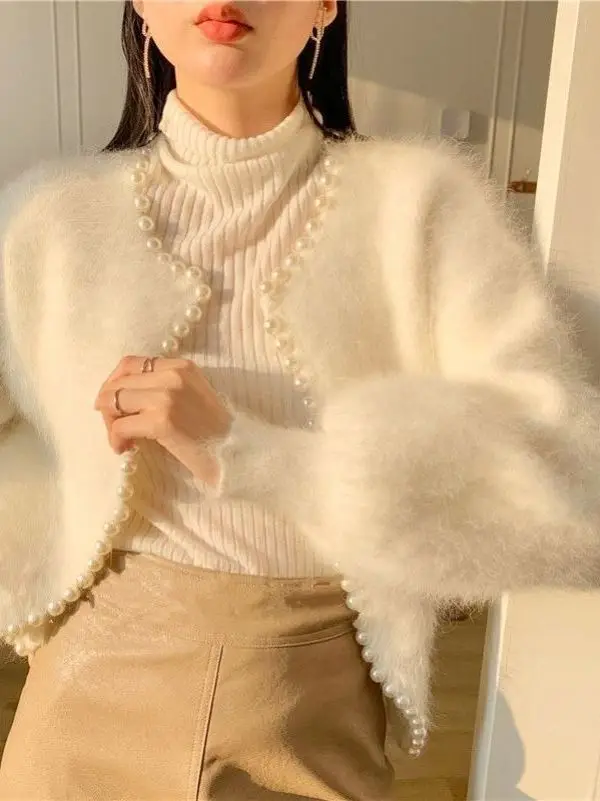 

Sweet Sle Мягкий уютный свободный женский однотонный свитер тройного цвета Jaet Осень-зима Faion Ele Pearl Embellied Открытая карта...