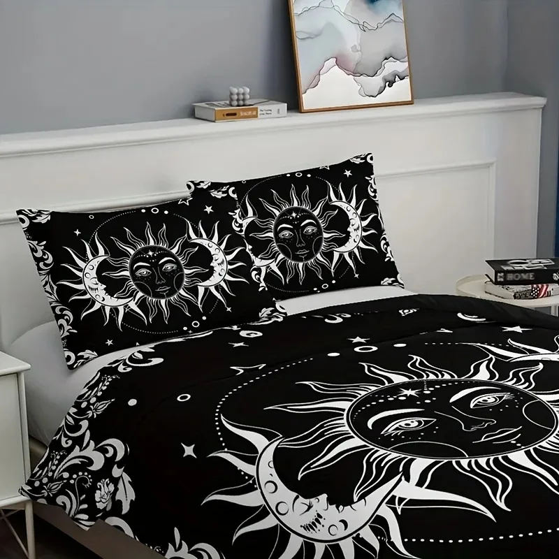 3pcs Black And White Sun And Moon Print Duvet Cover Set Includes 1 Duvet Cover And 2 Pillowcases (Core Not Included)