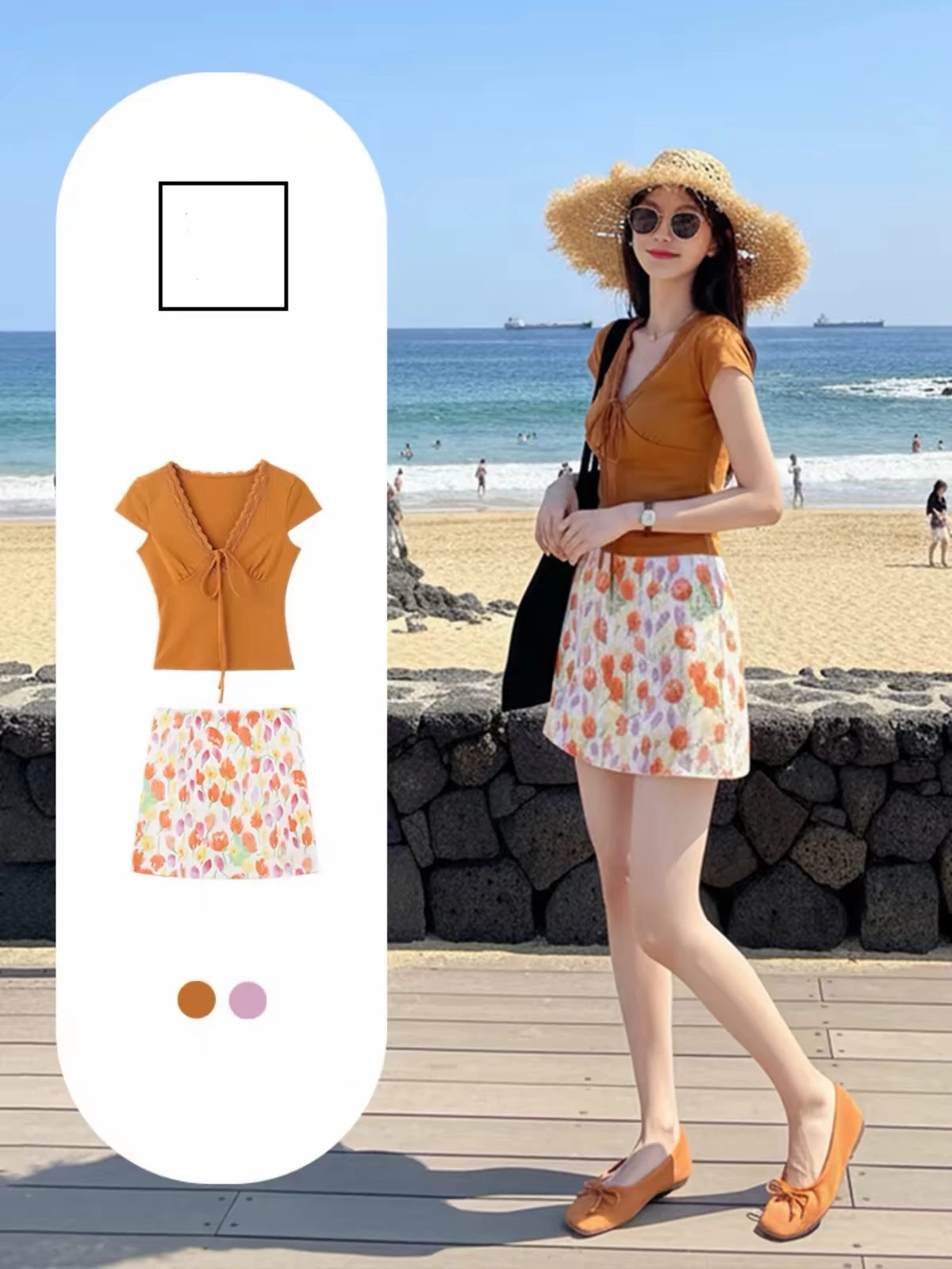 Dopamine Vacation Style Women's Two-Piece Set Bright Travel Outfit OOTD Elegant Youthful Floral Print Short Sleeve V-Neck T-S...