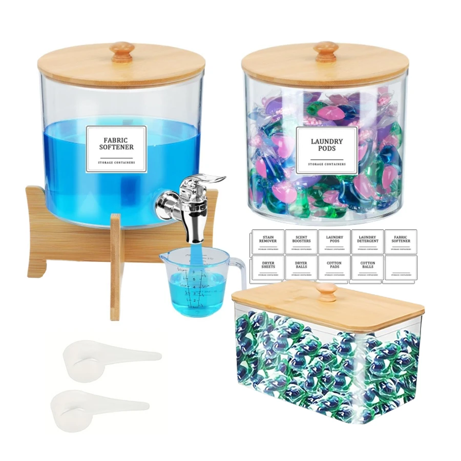 

Диспенсер для жидкого стирального порошка, организация белья, контейнер для стирки и держатель для сушилки с крышками и этикетками