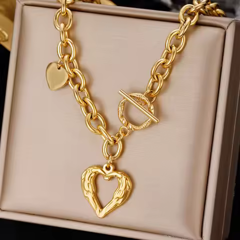 Fashion Heart Stainless Steel Women Pendant Necklaces Luxury Design OT Buckle Exaggerated Thick Chain Necklace Jewelry